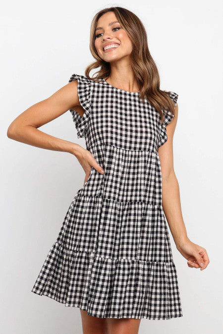 Tiered plaid ruffle sleeve dress