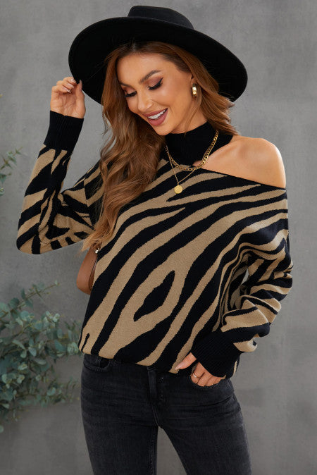 Cold shoulder black zebra print sweater