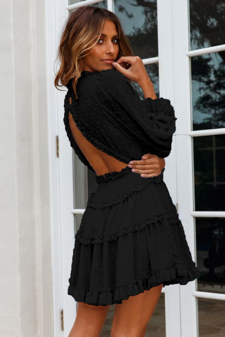 Black Layered Ruffled Open Back Puff Sleeve Swiss Dot Mini Dress