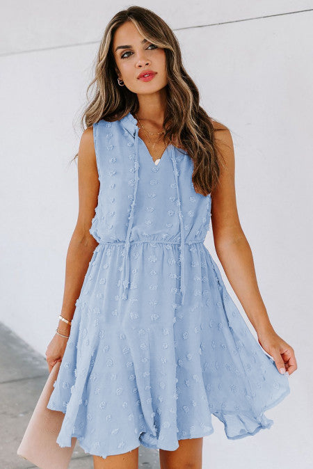 Sky Blue Split Neck Pom Pom Textured Flowy Mini Dress