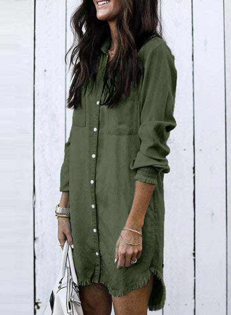 Green Denim Long Sleeve Shirt Dress