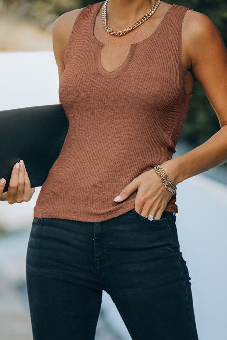 Brown Ribbed Knit Tank Top