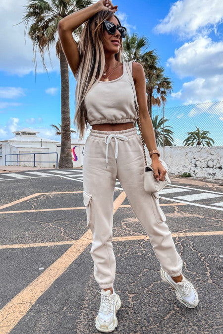 White crop top and pocketed jogger set